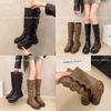 Винтажные европейские и американские дамы мятые сапоги женские 2024 новые дорожные сапоги толстые модные сапоги женские
