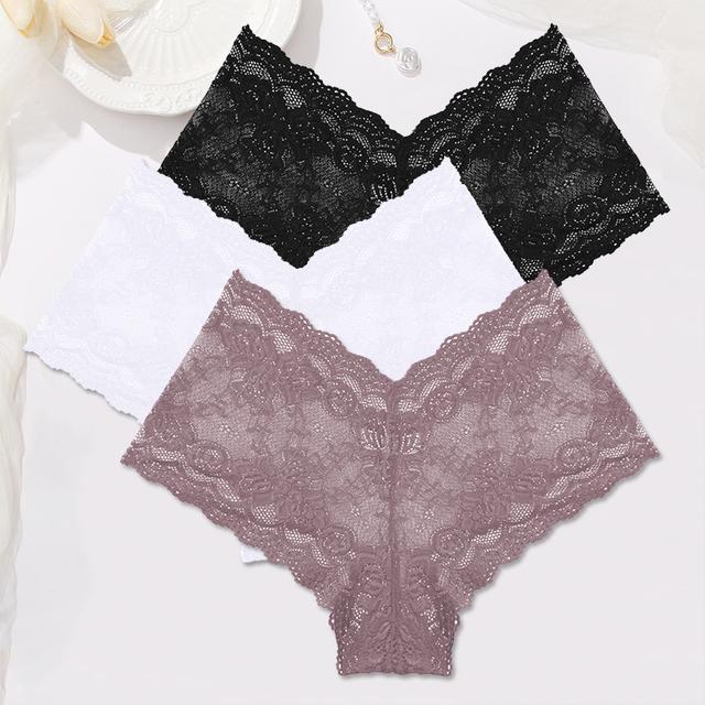 FINETOO Women Lace Boyshort Panties 3Pcs/set Low-Rise Underpants S-XL Ladies Floral Underwear Sexy Panties Comfortable Lingerie
