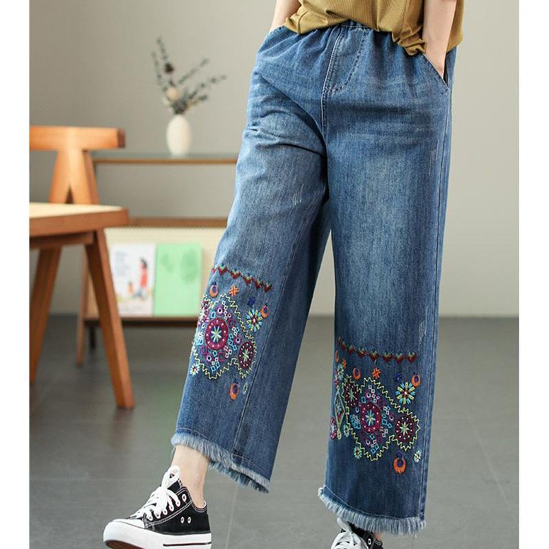 Винтажные свободные джинсовые брюки с вышивкой, женские свободные прямые джинсы с высокой талией, женские повседневные брюки с кисточками, весна-осень 2023, новинка
