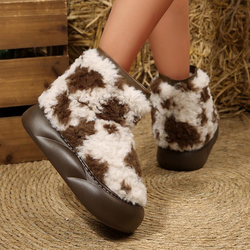 Fashion Thick Sole Fluffy Snow Boots Women Vintage Printed Thicken Plush Winter Ankle Boots Woman Non Slip Platform Cotton Padded Shoes