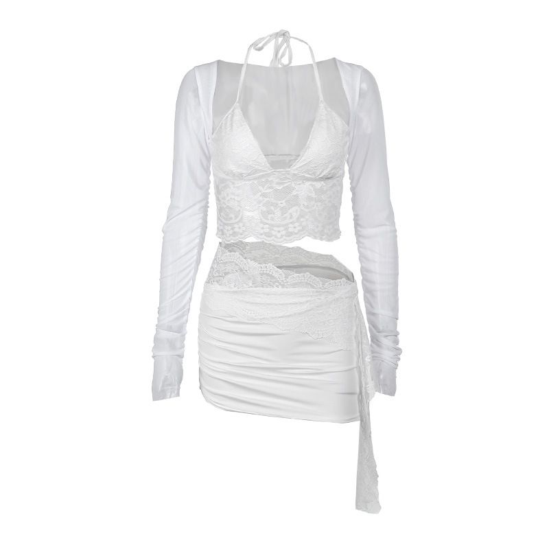 Мода Инс Новое поступление Мода Сексуальный Глубокий V Кружевная вставка Сетка Длинные рукава Топы Сексуальный Юбка-футляр Наряд Женщины