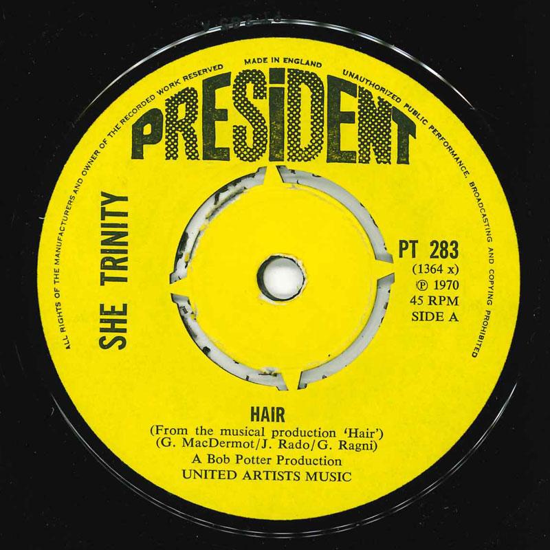 7-дюймовая пластинка SHE TRINITY Hair PT283 President Recor 1970 UK Rock Б/у