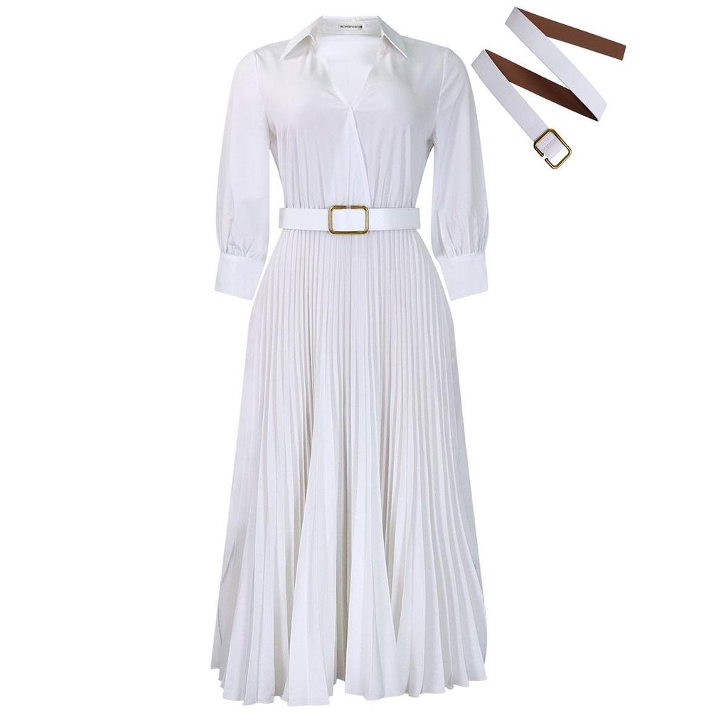 Qooth Модное женское элегантное однотонное плиссированное платье с длинными рукавами и v-образным вырезом. Элегантное повседневное платье больших размеров с поясом QT2359.