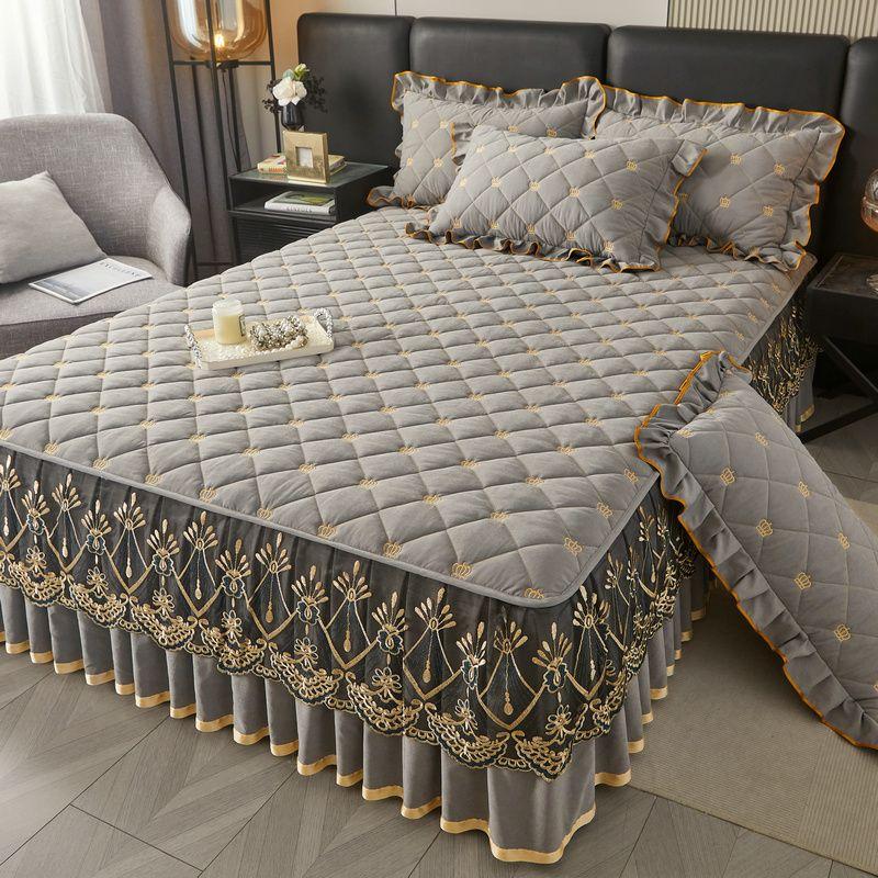 Комплект из 3 предметов: Корейская юбка для кровати принцессы, Европейское кружевное покрывало с наволочками, Современный вышитый кружевной протектор для постельного белья