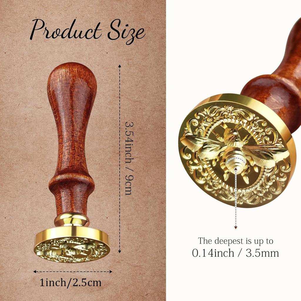 3D Bee Wax Seal Stamp and Wooden Handle Set, Insects Embossed Stamp Sealing Removable 1" Brass Wax Seal Stamp Head for Wedding