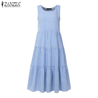 Женское повседневное летнее платье без рукавов с круглым вырезом и клетчатым принтом
