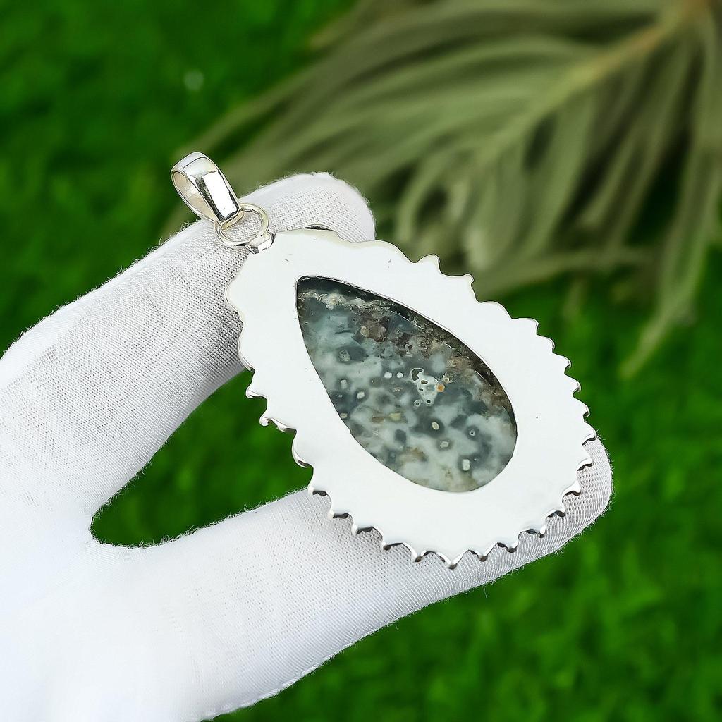 Sisters Day Sale Natural Ocean Jasper Bezel Birthday Pendant 925 Sterling Silver