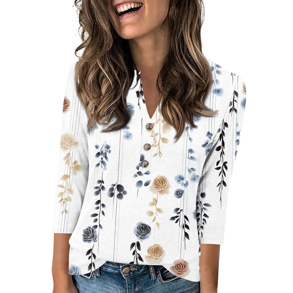 Женский модный повседневный пуловер с рукавом 3/4, принтом на пуговицах и V-образным вырезом