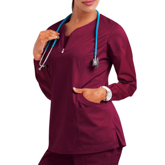 Nurse Uniform Top with 4 Pockets Zipper Half Placket Long Sleeve Side Slit Hem Loose Fit Nurse Scrub Top Workwear