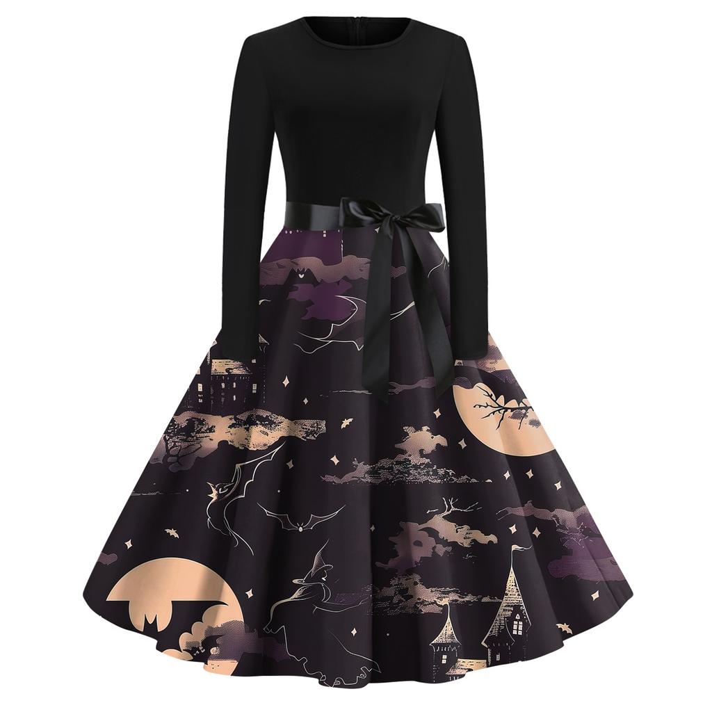 Платье-клеш с принтом на Хэллоуин для женщин с длинным рукавом, повседневные платья с круглым вырезом и ажурной отделкой