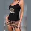 Женский сексуальный пижамный комплект с принтом, подтяжки на спине, короткие рукава и эластичный пояс, шорты с принтом в виде леопардового узора, пижамный комплект