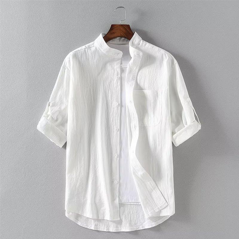Men's Linen Blend Stand Collar Shirt Casual Roll Up Sleeve Pocket Detail Streetwear Top