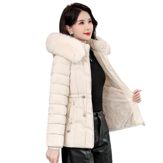 Winter Women Jacket Padded Windproof Cold-proof Zipper Closure Outerwear with Detachable Hood Stand Collar Neck Protection Drawstring Waist Jacket