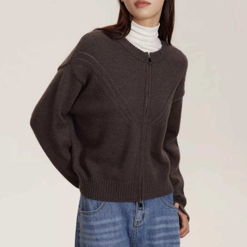 Versatile Women's Round Neck Knit Cardigan - Solid Color Zipper Outerwear for Autumn, Winter, and Spring