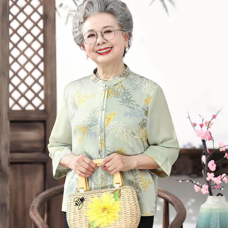 Datang Furen Elderly Women's Thin Stand Collar Summer Blouse Set
