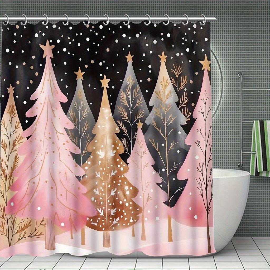 Набор из 4 предметов: шторка для душа для ванной комнаты, розовая с рисунком рождественской елки, занавеска для ванной с 12 крючками, коврики с противоскользящим покрытием, коврик для крышки унитаза, перегородка для ванной