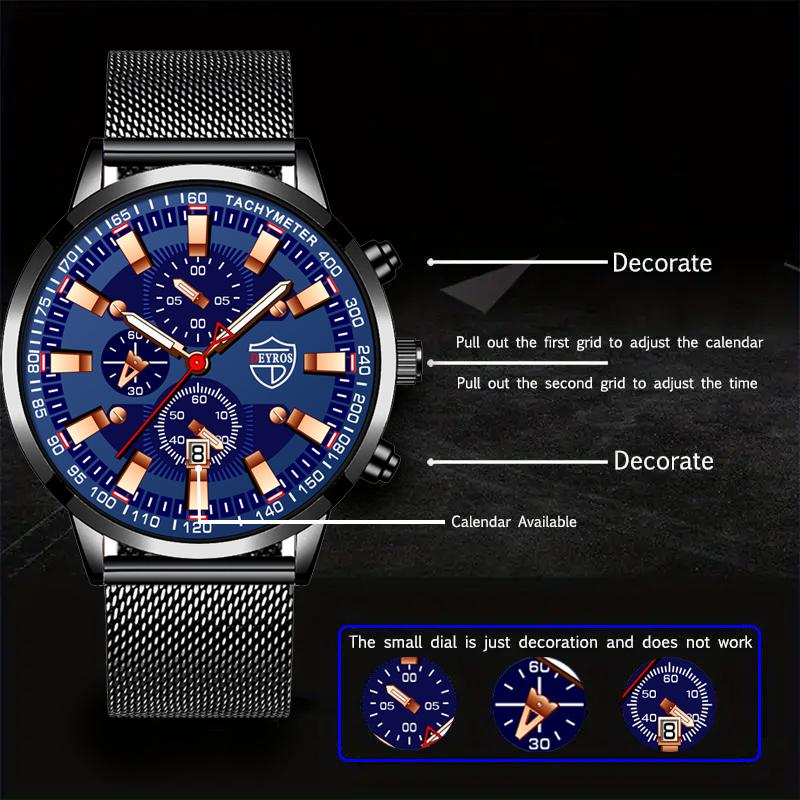 3pcs/set 1pc Fashion Men's Casual Stainless Steel Mesh Band Quartz Watch & 1pc Bracelet & 1pc Necklace