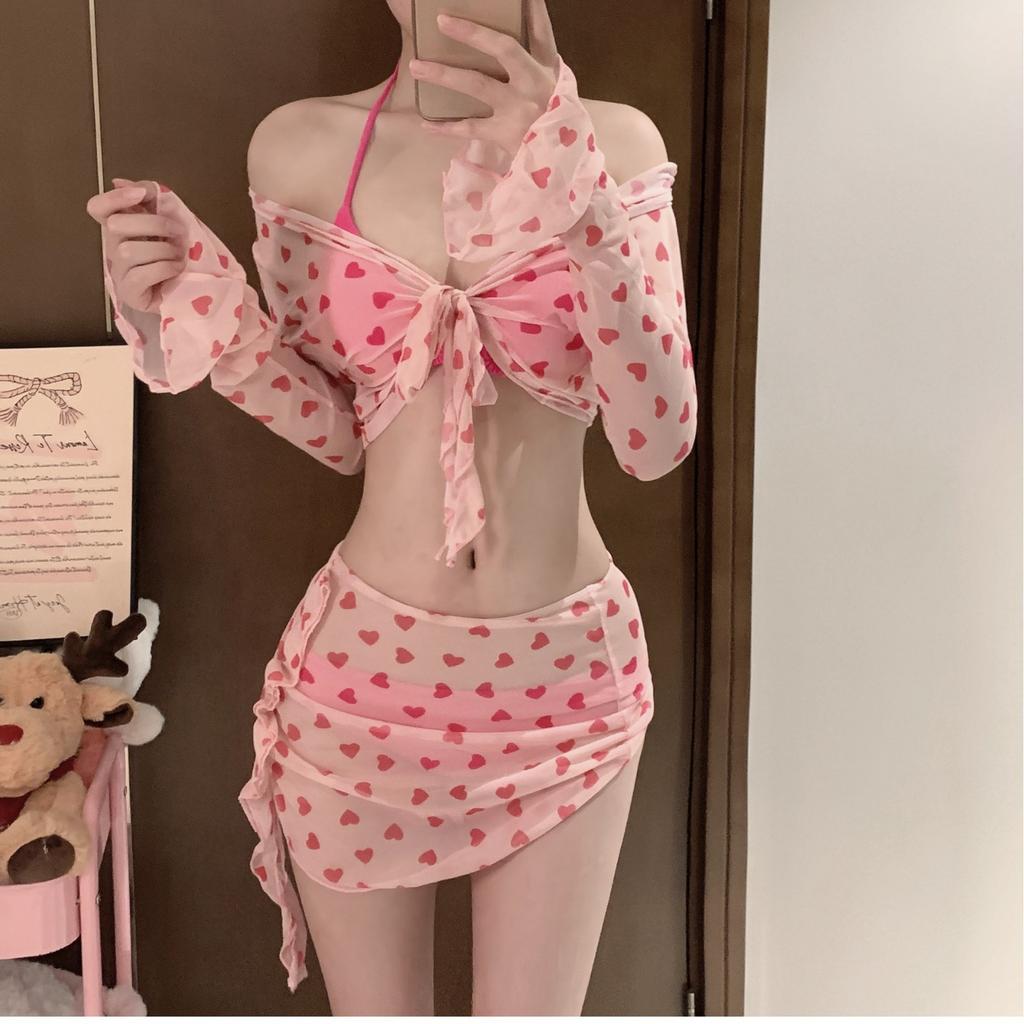 Women's Sexy Halter Ruffle Lace Up Swimsuit Sets Sweet Print Cover-Ups Bikini Skirt Outfits Vacation Beach Swimwear Bathing Suit