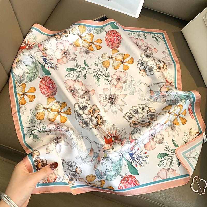 Pink flower silk silk scarf women's mulberry silk small square scarf fashion plain crepe satin high-end silk scarf professional scarf