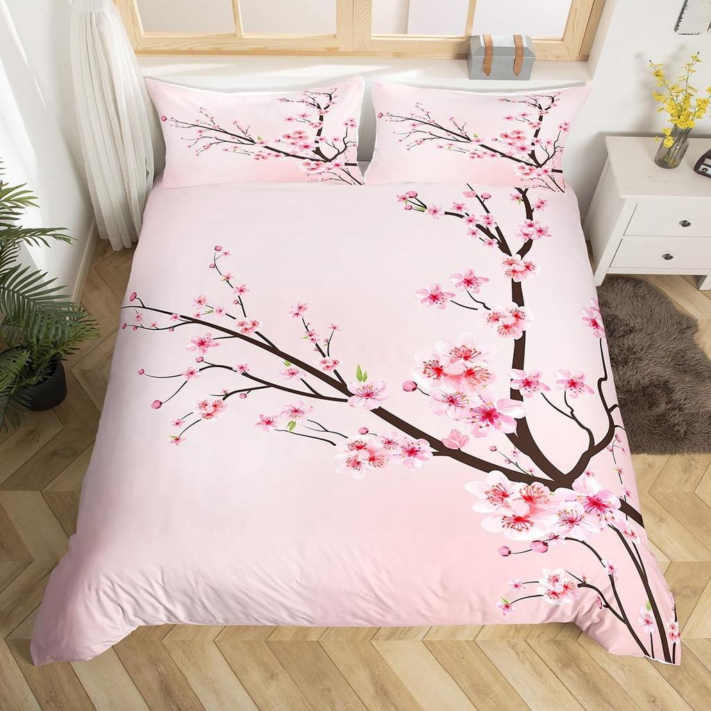 Пододеяльник Розовый Цвет Сакуры Твин Кинг, Японские Цветы Цветение Романтический Цветочный Постельный Комплект, Фермерский Дом Лепестки Чехол для Одеяла
