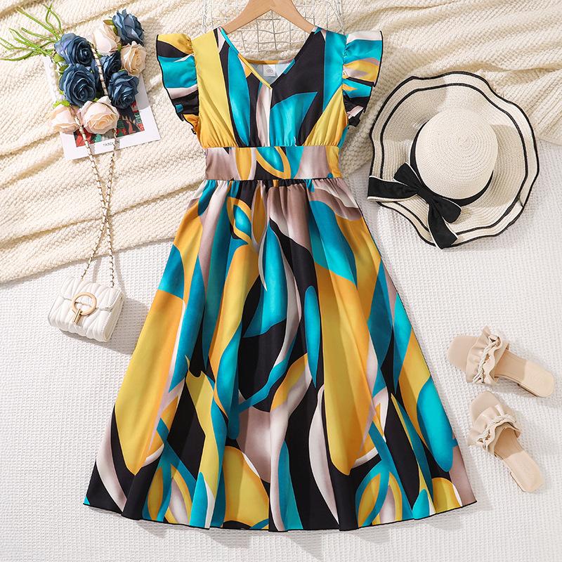 Girls' Fashion Dress 2025 Summer Children's Princess Print V-neck Short Sleeve Waist Dress