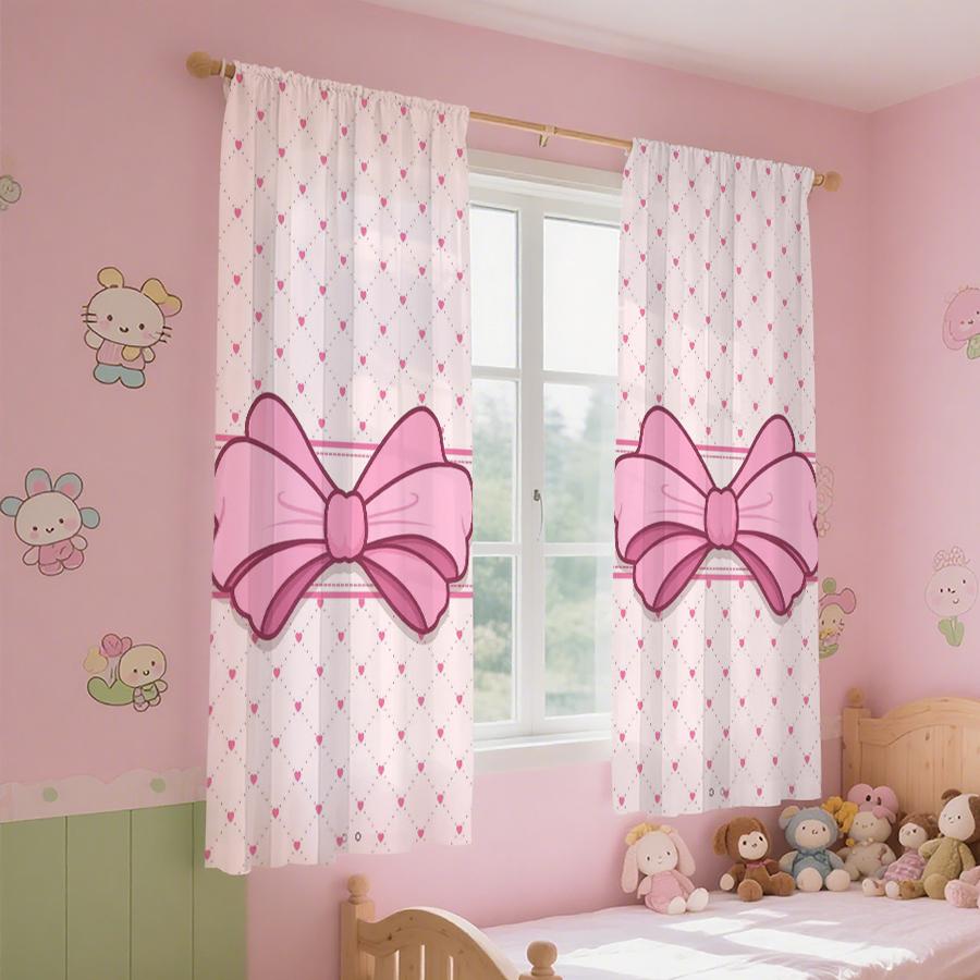 2 Pack Cute Pink Bow and Heart Curtains, Flat Print, Light Filtering Fabric, Bedroom Living Room Window Decor, Valentine's Day