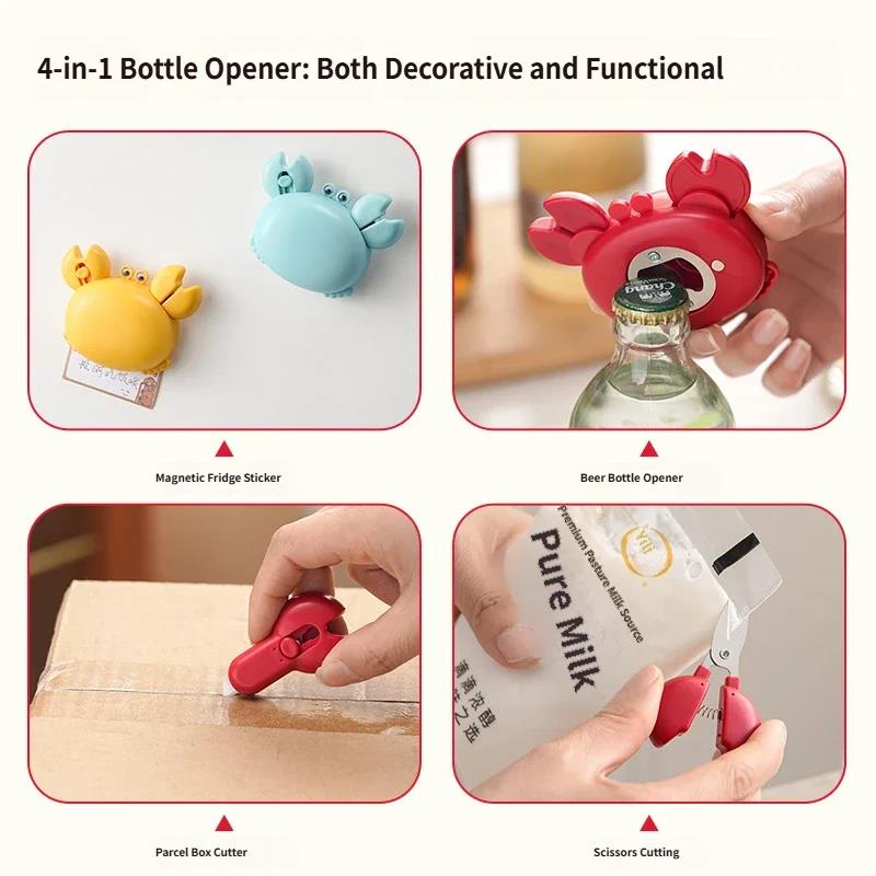 Crab Magnetic Bottle Opener 4-in-1 Kitchen Tool Set Beer Opener Mini Scissors Box Cutter Fridge Magnet Cute Cartoon Gadget 1