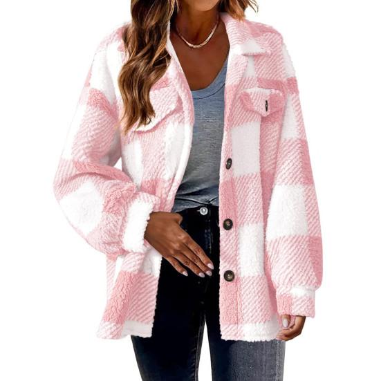 Fall Winter Women Jacket with Fake Pockets Contrast Color Plaid Print Plus Size