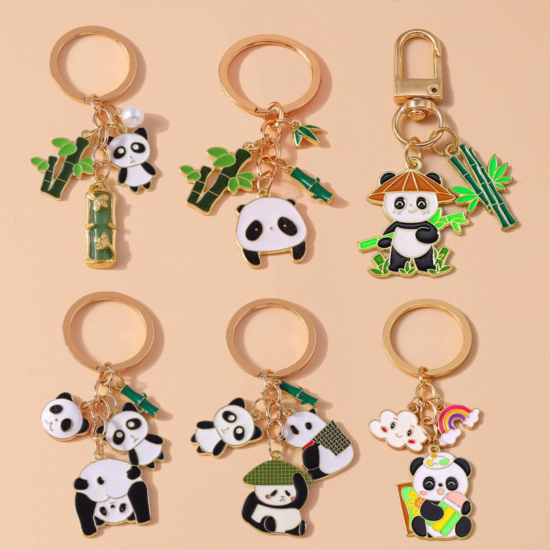 Cute Enamel Animal Panda Key Chain Bamboo Key Ring Pendant for Women Girl Handbag Decor DIY Handmade Jewelry Gift