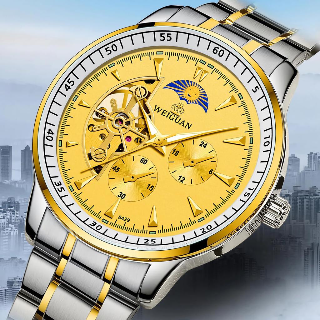 TeamSky Механические Нержавеющая Сталь Большая Фаза Луны Подарок для Мужчин Серебристый Браслет Мужские Часы, Гравировка, Автоматические, Стальные, Многофункциональные, Циферблат, Функция,