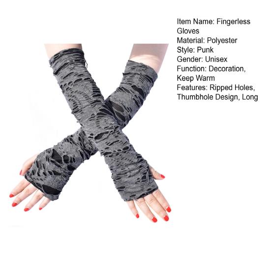 1 Pair Thumbhole Design Long Halloween Fingerless Gloves Casual Ripped Holes Decor Adult Cosplay Gloves Punk Style Arm Sleeves