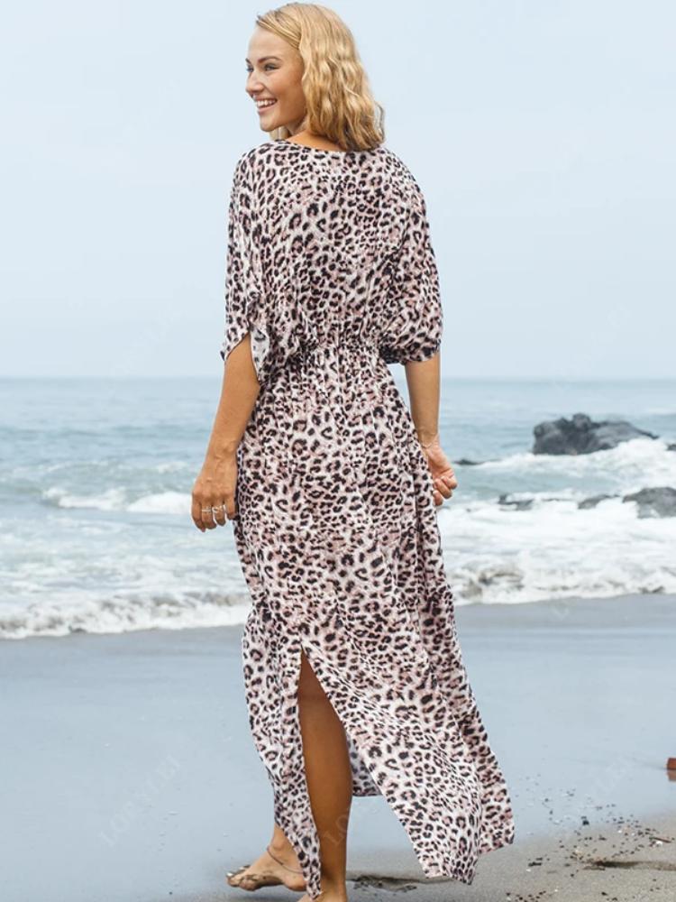 EDOLYNSA Leopard Print Women's V-neck Long Dress Tunic Kaftan Bikini Cover Up Robe Soft Classy Versatile Swimsuit Cover-up Outfits Q1128