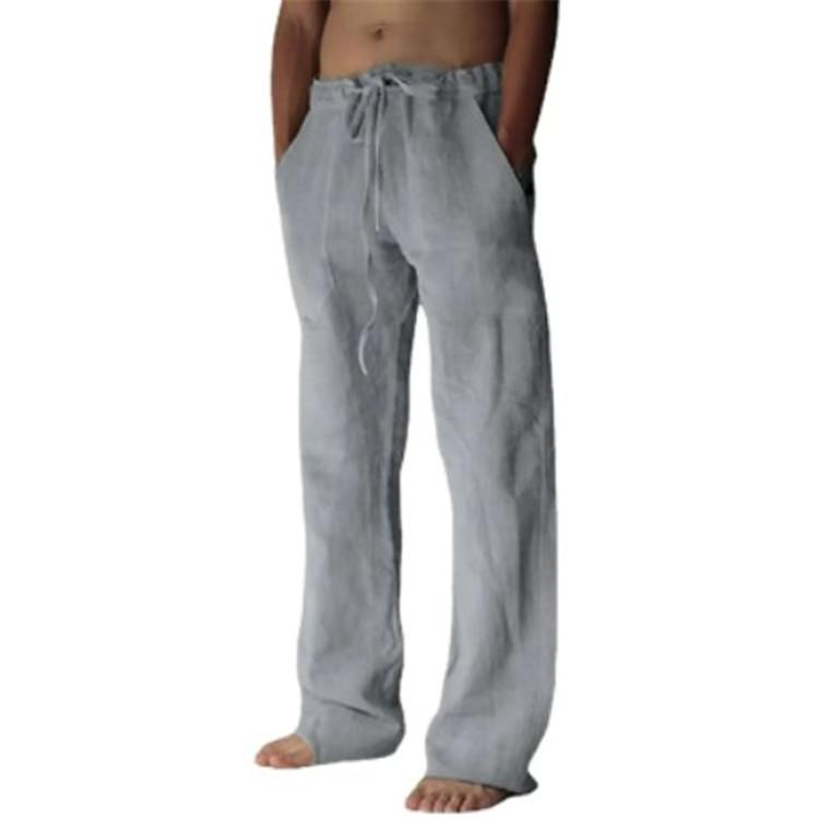 Мужские повседневные брюки, новые однотонные спортивные брюки из хлопка и льна, свободные повседневные брюки с завязками и несколькими карманами