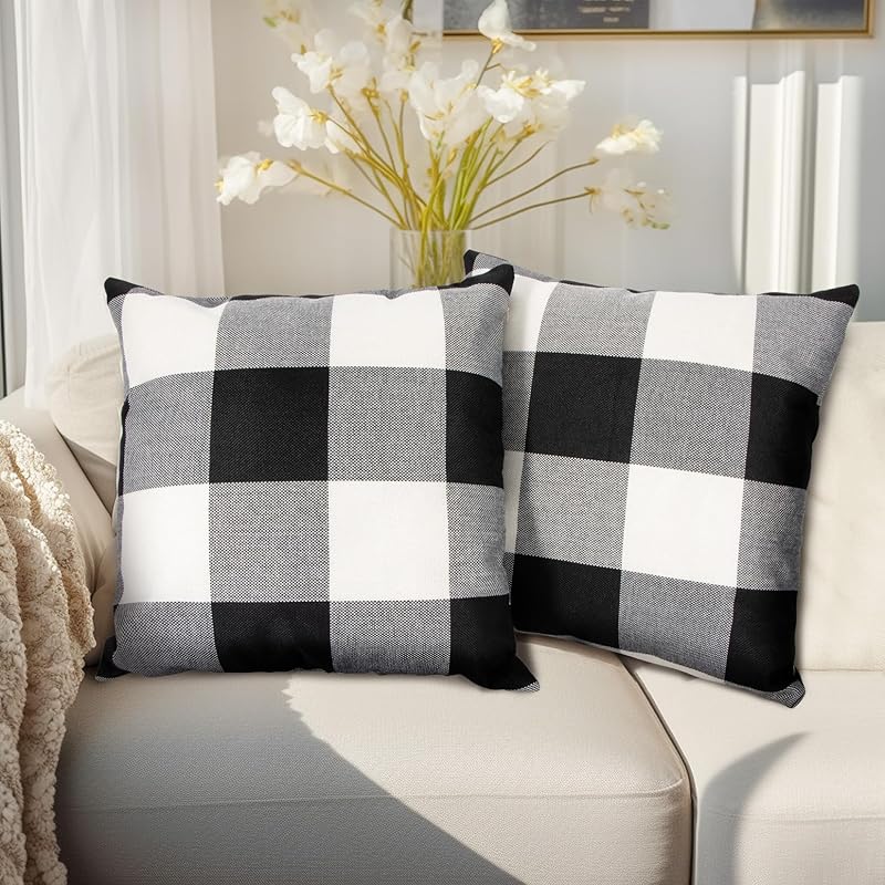 Sukh Plaid Throw Pillow Cover - 2PCS Buffalo Plaid Pillow Covers 18x18 Inches Buffalo Check Pillow Covers for Home and Office Decor, Sofa, Bench or