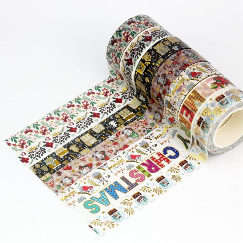 1X 10M Gold Foil Reindeer Snowflake Christmas Trees Snowman House Masking Washi Tape for Scrapbooking Planner Kawaii Papeleria