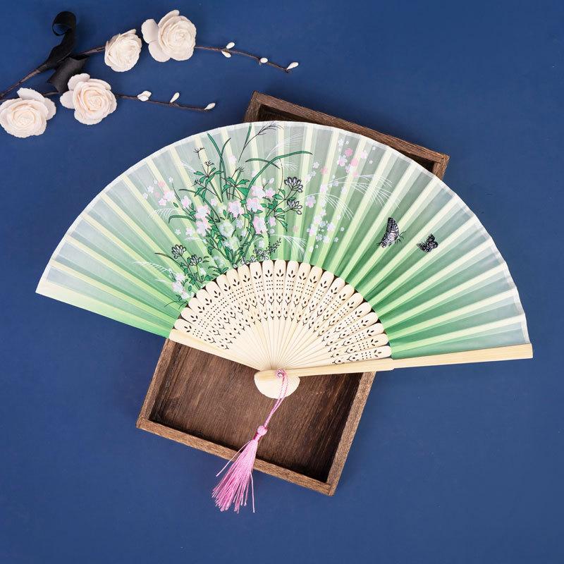 Винтажный шелковый складной веер, китайские бамбуковые веера, подарки для рукоделия, реквизит для женского танца, украшение для дома
