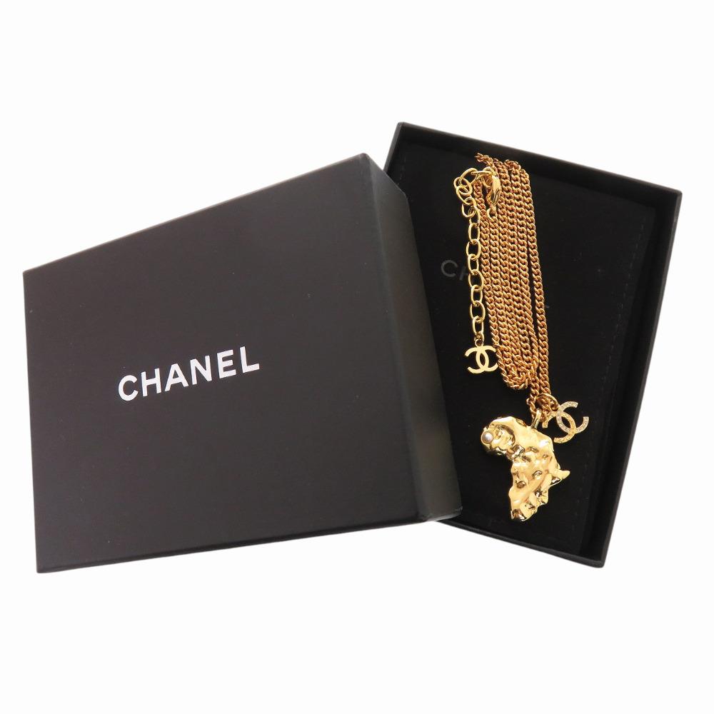 Used AUTHENTIC CHANEL CC Mark African continent motif Necklace Gold Metal Faux pearl