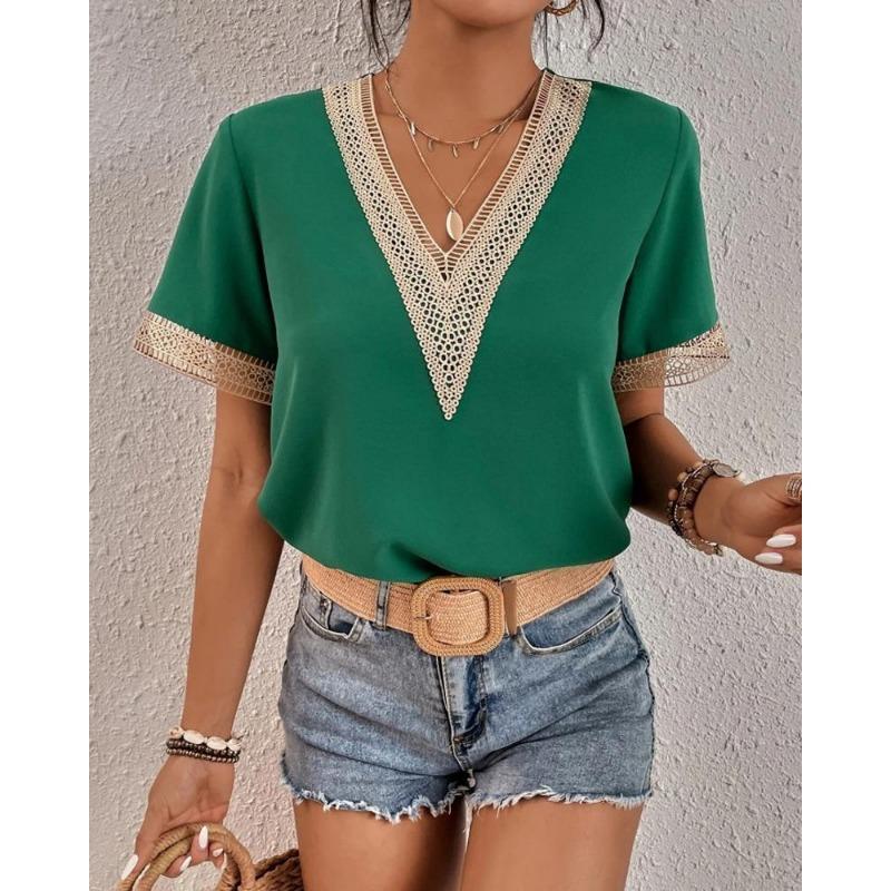 Летняя кружевная футболка с v-образным вырезом и короткими рукавами, женская свободная повседневная блузка, тонкий однотонный пуловер