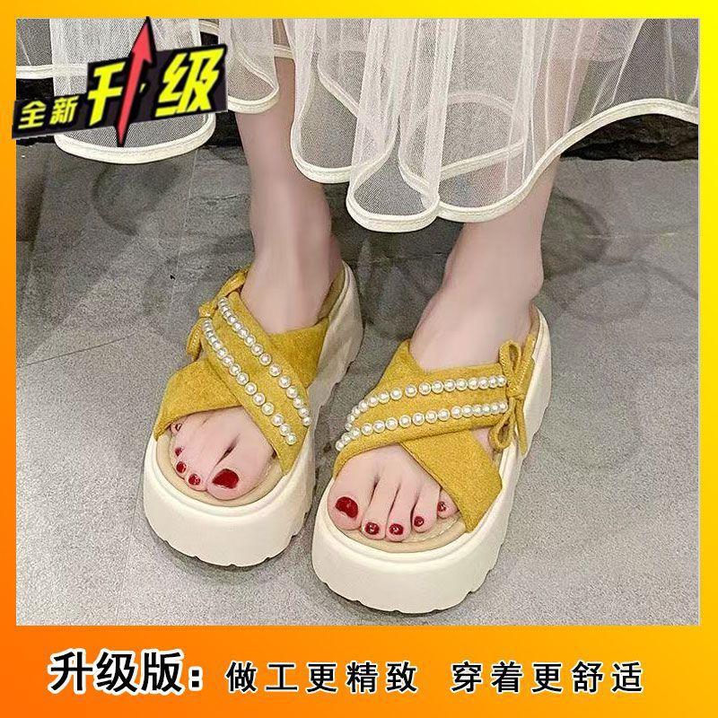 Перламутровый бант крест 2025 лето новые сандалии тапочки на высокой платформе женская верхняя одежда с юбкой односложные сандалии