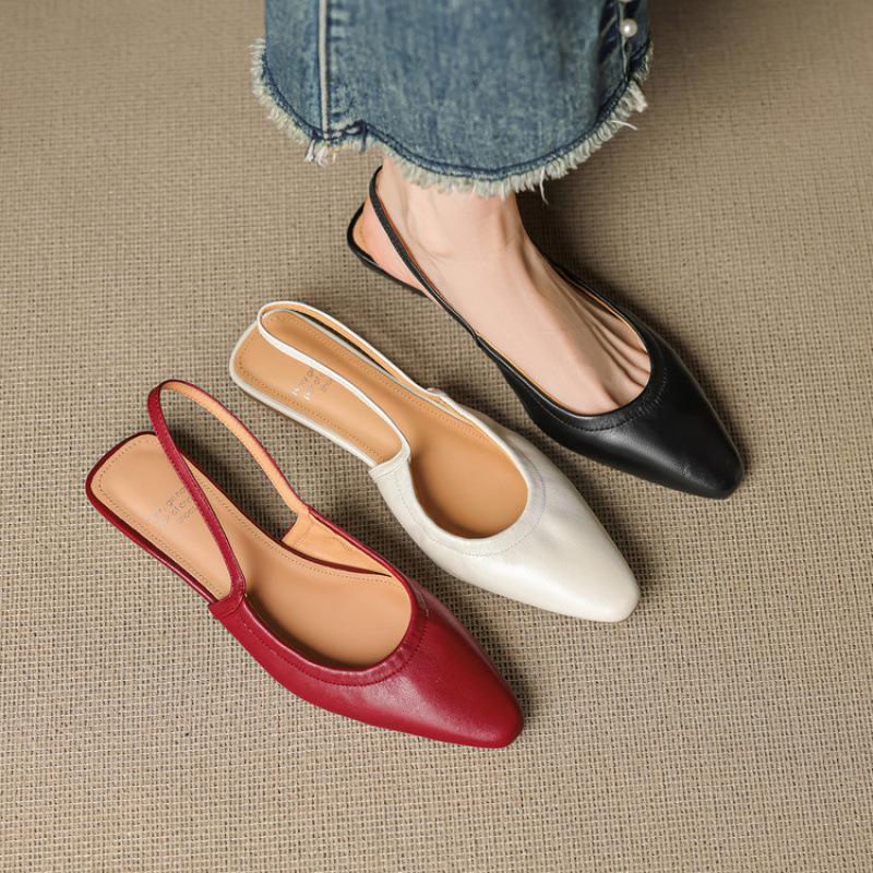 Korean Version Women's Flat-soled Sandals Summer Leather Bag Head Sandals Korean Version Comfortable Soft Sole Large Size Rear Empty Sandals Pointed T