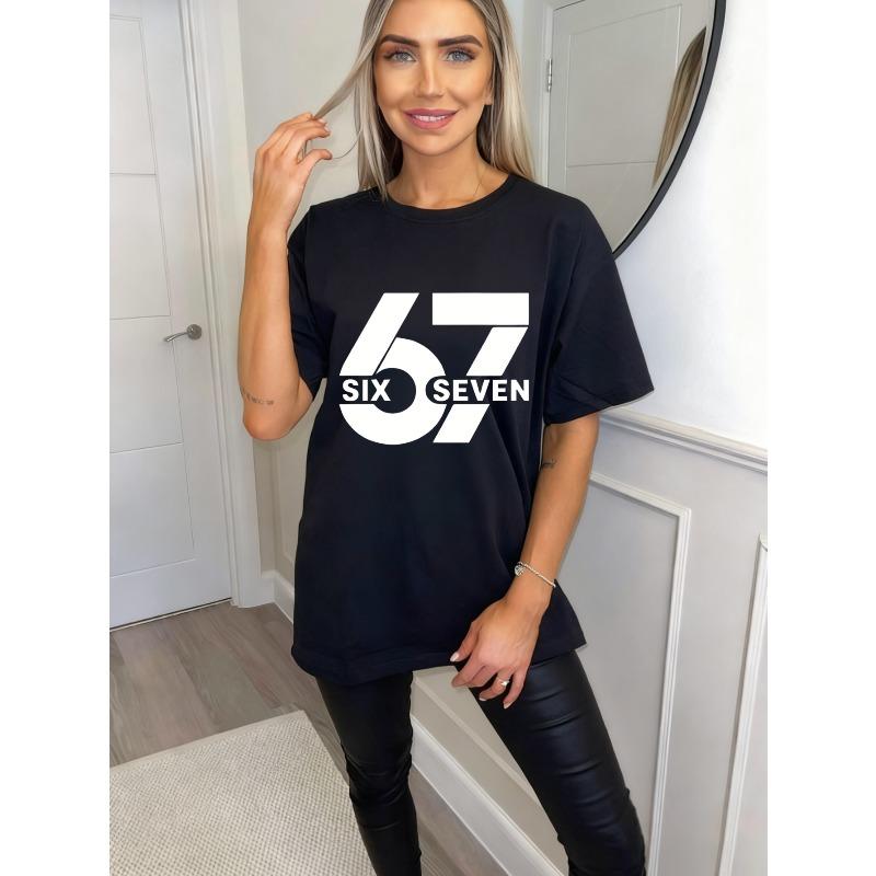 Oversized T Shirt Black 67 Six Seven Graphic Print Casual Streetwear Fashion Top For Women Summer Outfit