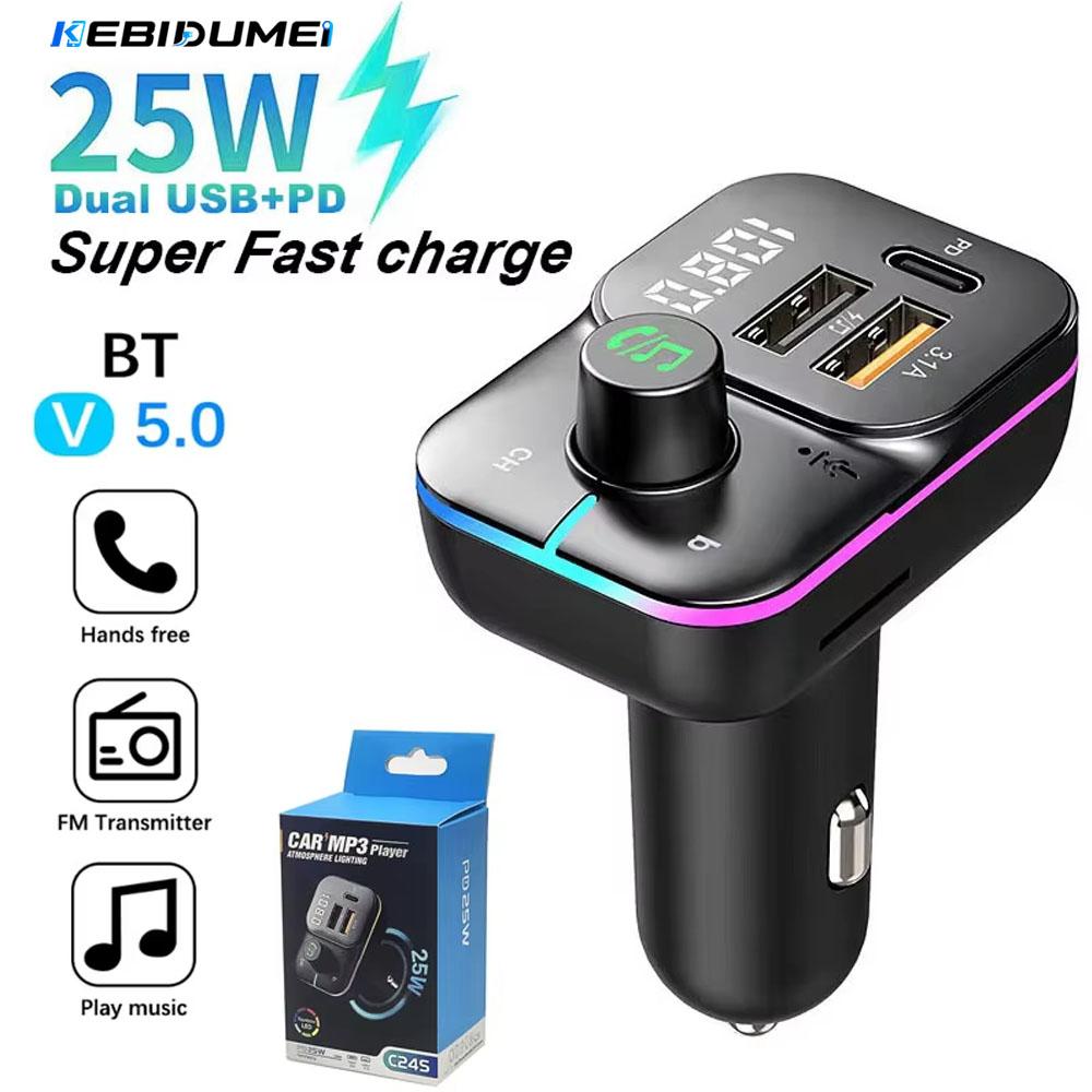 Автомобильный Bluetooth 5.0 FM-передатчик USB 3.1A+PD 3.1A Двойное быстрое автомобильное зарядное устройство Дисплей напряжения и цветная подсветка Громкая связь MP3-плеер для USB-накопителя/TF-карты