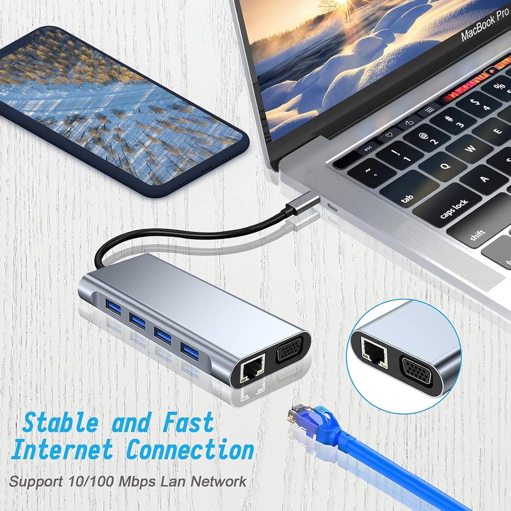 USB C HUB, USB C адаптер Dongle с 4K HDMI/VGA/Type C PD/RJ45/SD/TF кард-ридером для MacBook Pro/Air M1 iPad