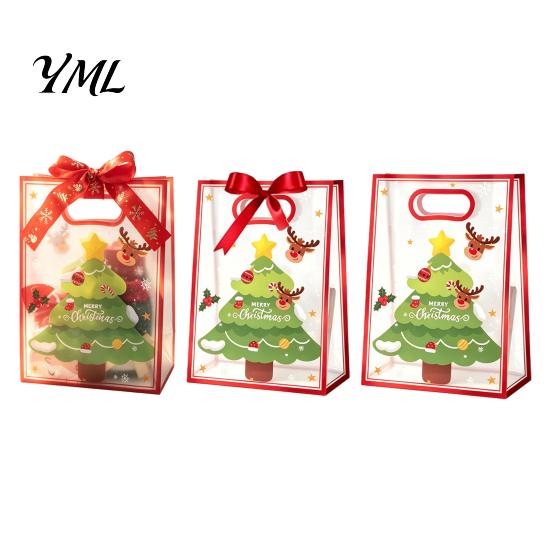 Clear Christmas Gift Bags with Handles, Reusable PP Treat for Eve Candy Apples Cookies, Holiday Party Favor Packaging Ribbon Bow Decorative Holidays