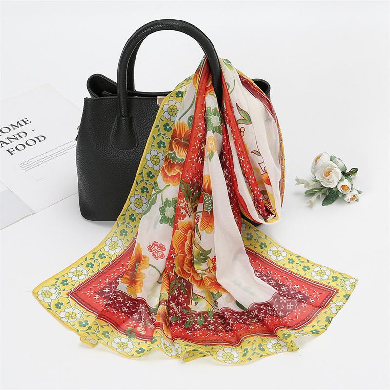 Scarves Natural Style Spring and Autumn Printed Flowers and Birds Rectangle Sun Protection Chiffon Scarf