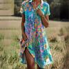 Женское платье в стиле бохо с цветочным принтом, летнее повседневное платье миди с V-образным вырезом и коротким рукавом, свободное платье-трапеция для пляжного отдыха