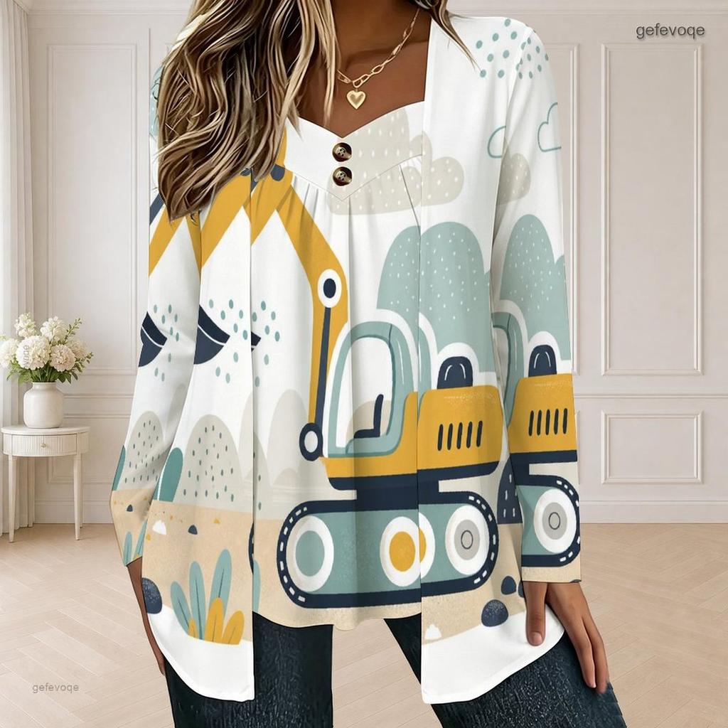 Women Plus Size Square Neck Long Sleeve Cartoon Excavator Print Faux Two Piece T Shirt