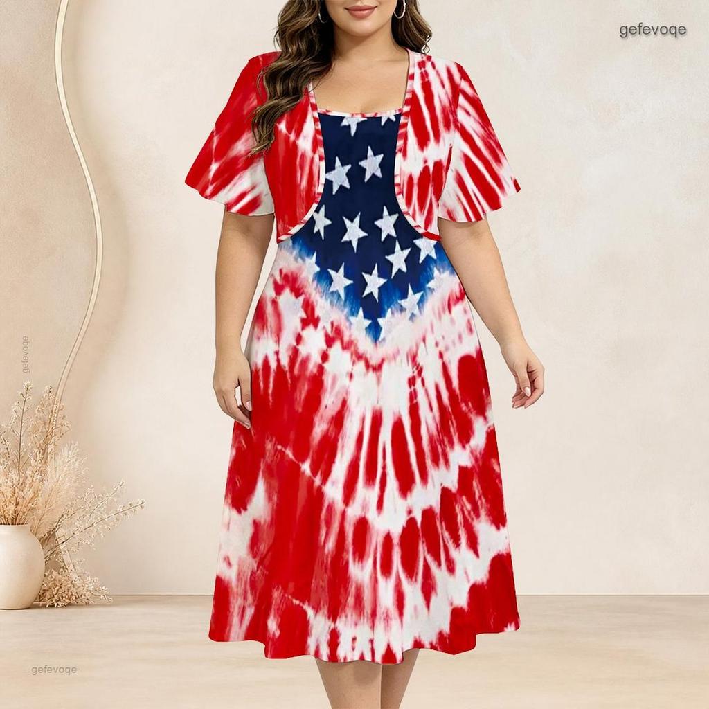 Women Plus Size Two Piece Set American Flag Printed Batwing Sleeve Cropped Shrug Strappy Flared Dress