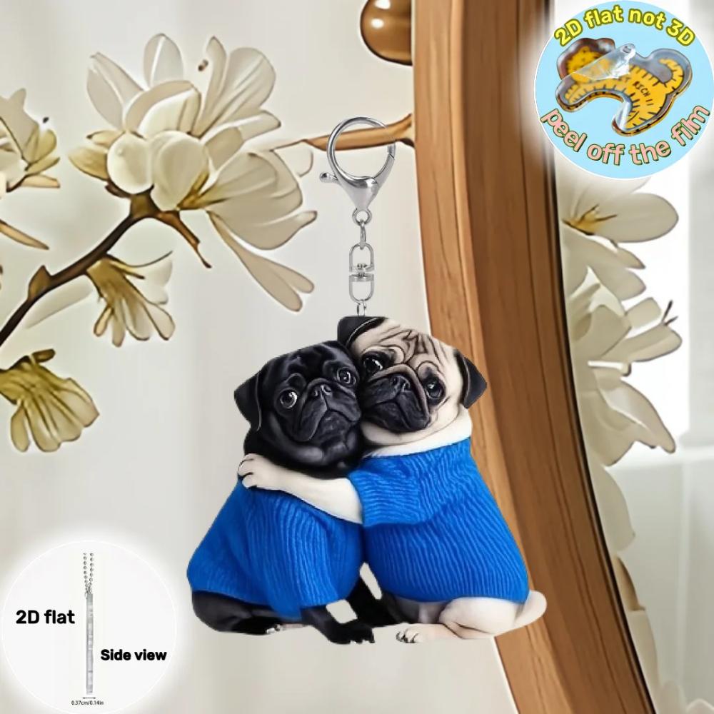 Hugging Pug Each Other Pendant Keychain,Puppy 2D Flat Acrylic Ornament Charm,Hanging Decoration for Car,Bags,Festive,Party,Gift