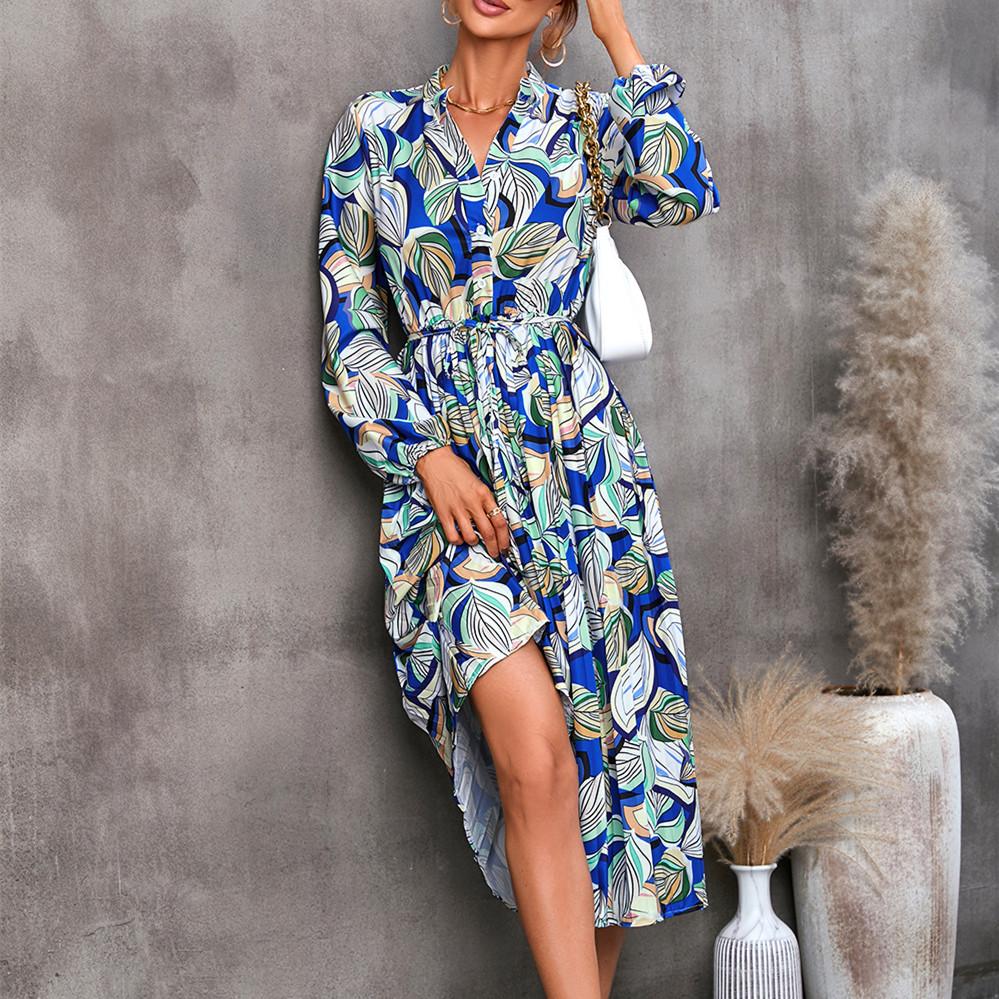 QICED Женская мода осень-зима с цветочным принтом и длинным рукавом с v-образным вырезом повседневные платья